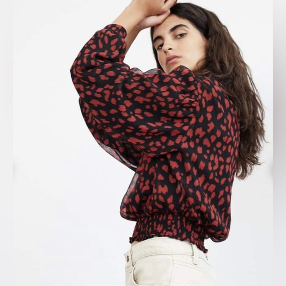 Nanushka Red Black Puff Sleeve Business Casual Modern High Neck Blouse Shirt M